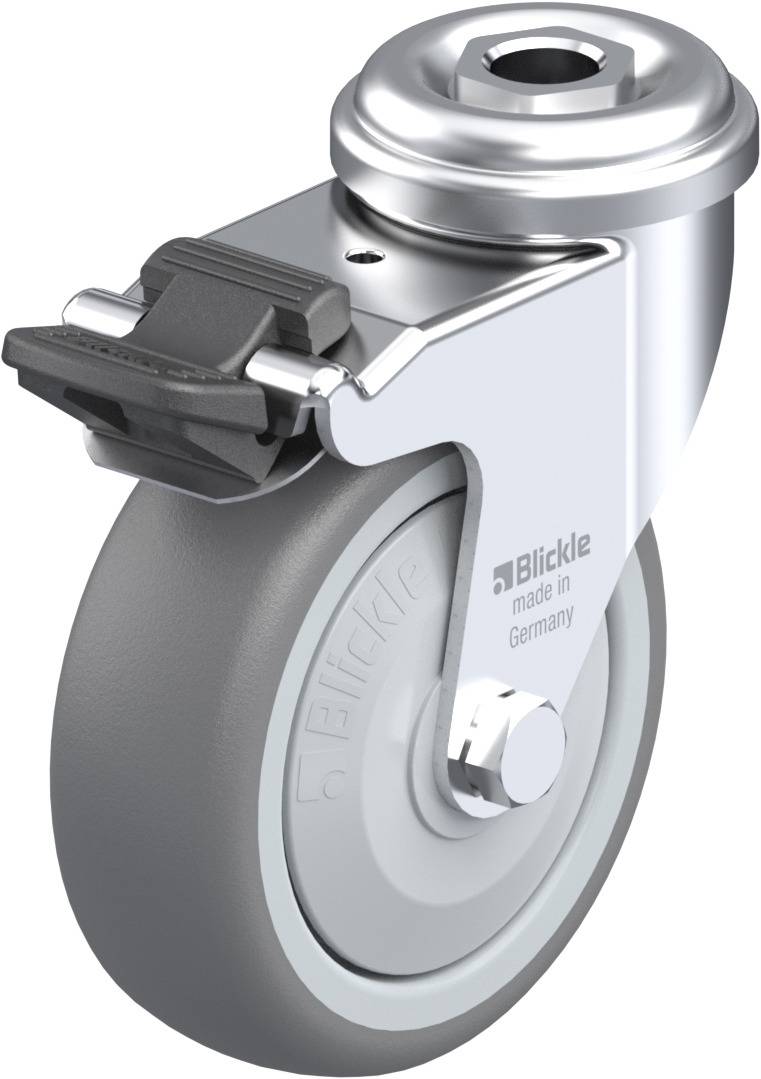 Graues Lenkrolle mit silberner Halterung und Bremse, Aufschrift 'Blickle made in Germany'. Geeignet für Möbel oder Industrieeinsatz.