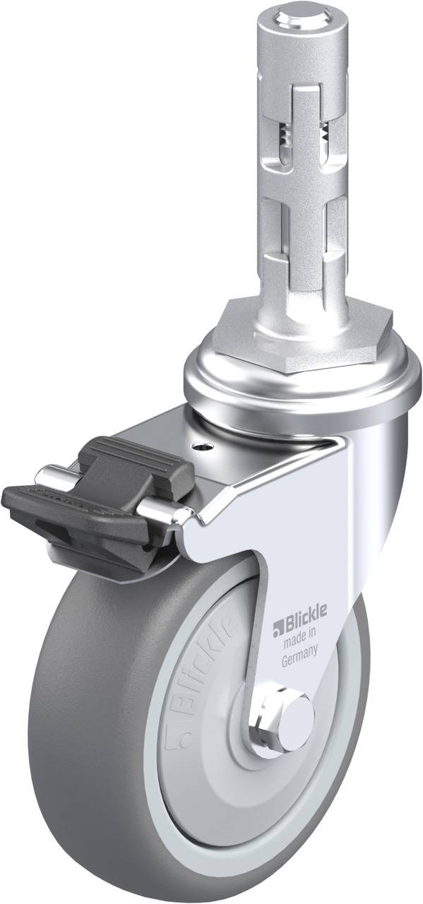 Schwenkrolle aus Metall mit grauem Rad und integriertem Feststeller. Die Gravur 'Blickle Made in Germany' ist auf der Seitenfläche sichtbar.