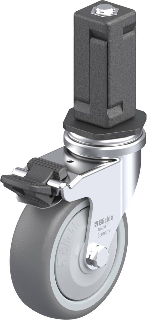 Graue Lenkrolle mit Vollgummirad und schwarzem Kunststoffgehäuse, geeignet für industrielle Anwendungen.