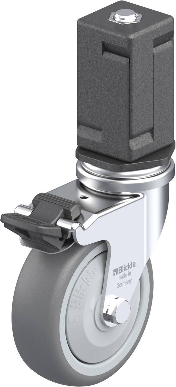 Schwenkrolle mit rechteckigem Stopper und grauem Rad, geeignet für industrielle Anwendungen.