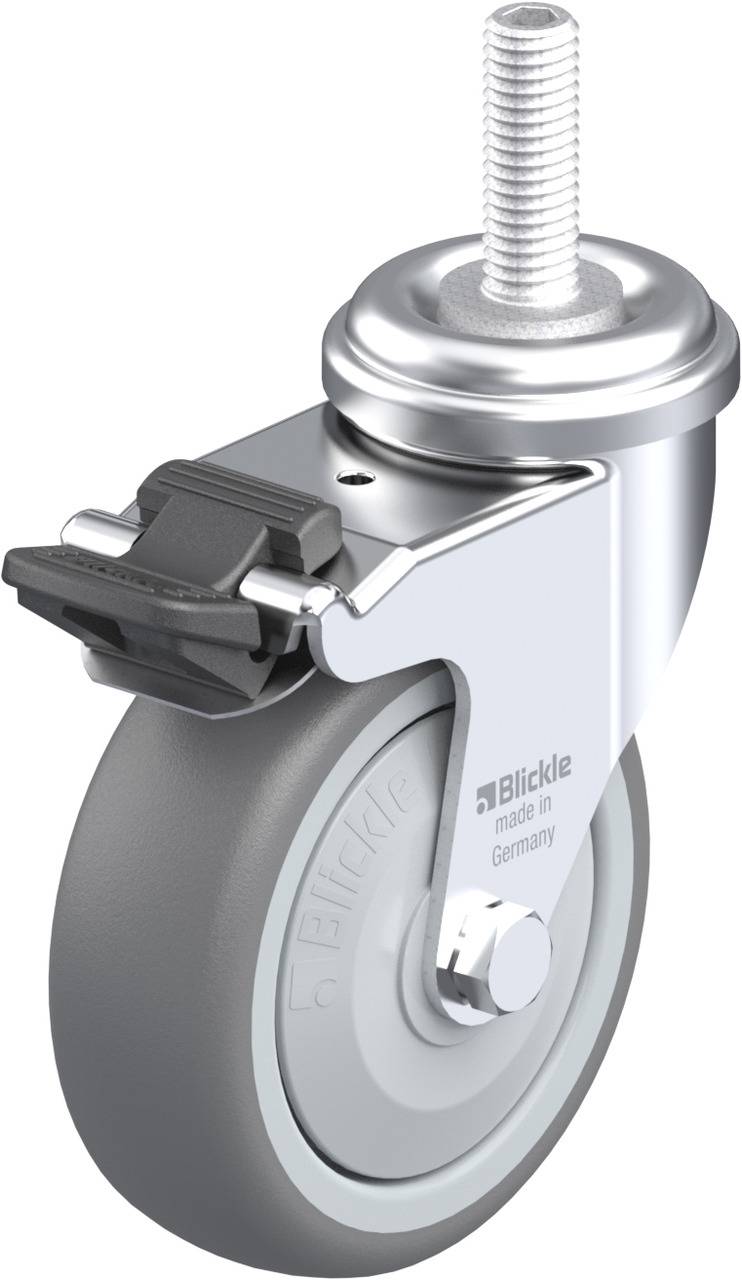 Graues Lenkrolle mit Bremse, metallisches Gehäuse, geeignet für industrielle Anwendungen, gefertigt in Deutschland.
