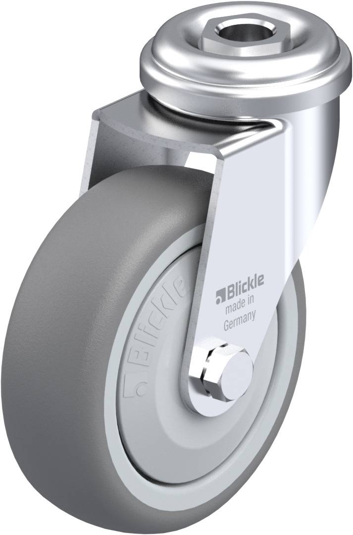Schwenkrolle aus Metall mit grauem Rad, geeignet für vielseitige Anwendungen. Aufschrift: 'Blickle made in Germany'.