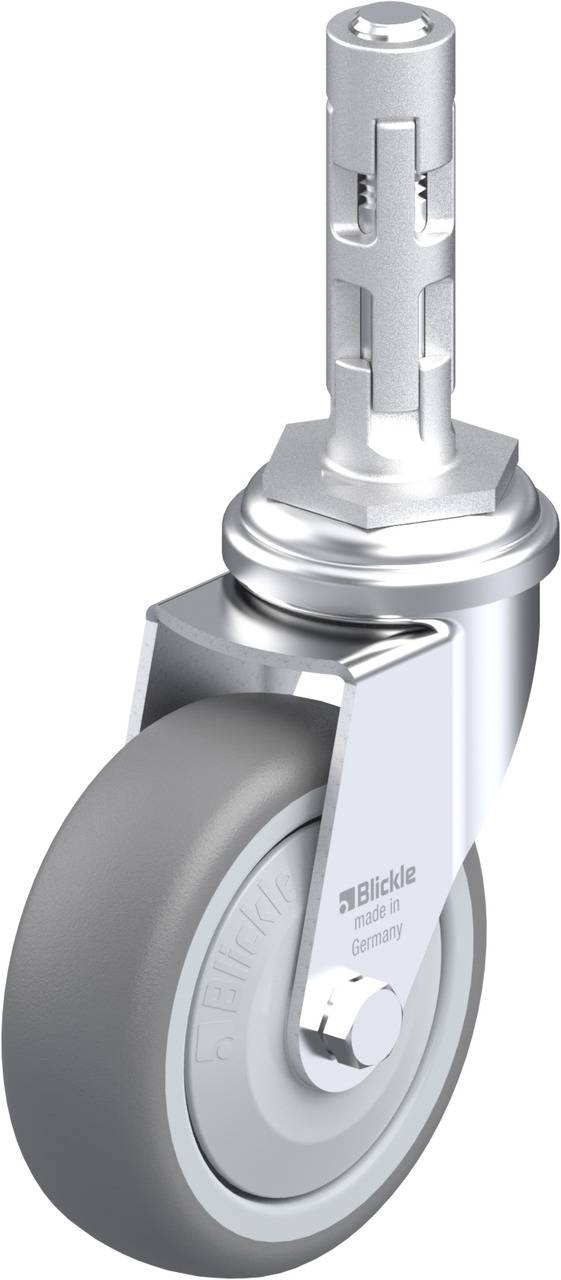 Eine graue Rolle mit silbernem Gehäuse und Befestigungsdorn, geeignet für Möbel oder Geräte. Marke 'Blickle' auf dem Metallteil.