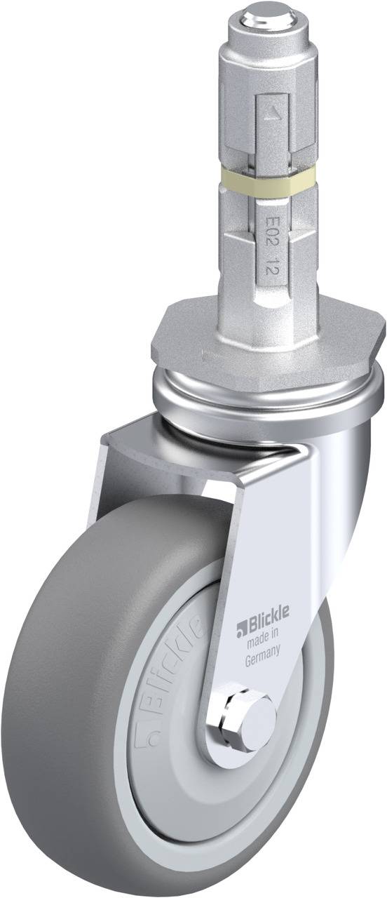 Graue Lenkrolle mit Metallgehäuse und Befestigungsstift. Geeignet für Transportgeräte im Innenbereich.