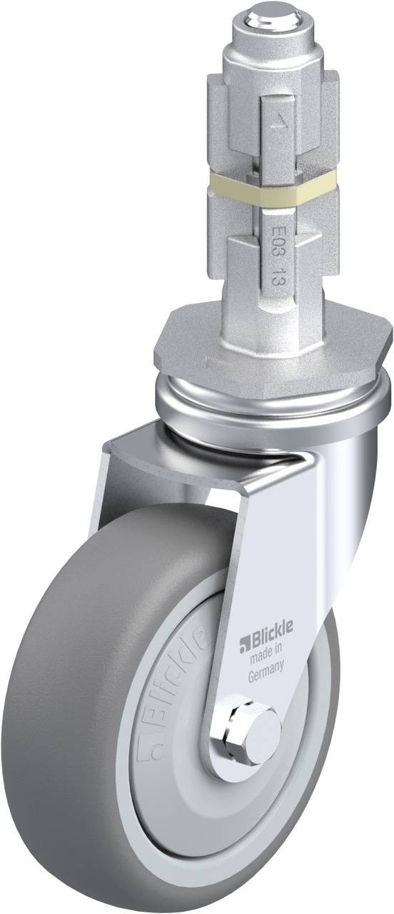 Grau-silberne Rollen mit Metallhalterung und Schriftzug 'Blickle - Made in Germany' auf der Radseite.