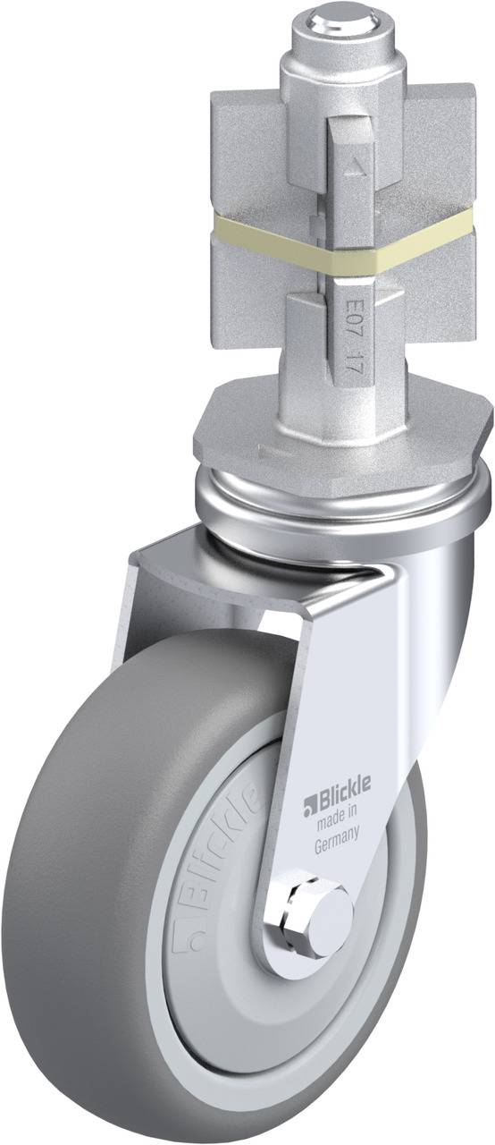 Graue Kunststoffrolle mit silberner Metallhalterung. Oben ein spezieller Metallanschluss für Befestigung.