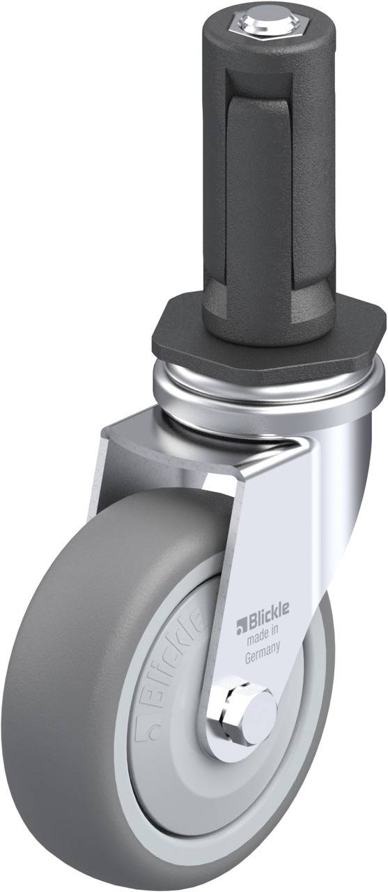 Industrie-Lenkrolle mit grauem Gummi, silbernem Metallgehäuse und schwarzer Befestigung, von 'Blickle'.