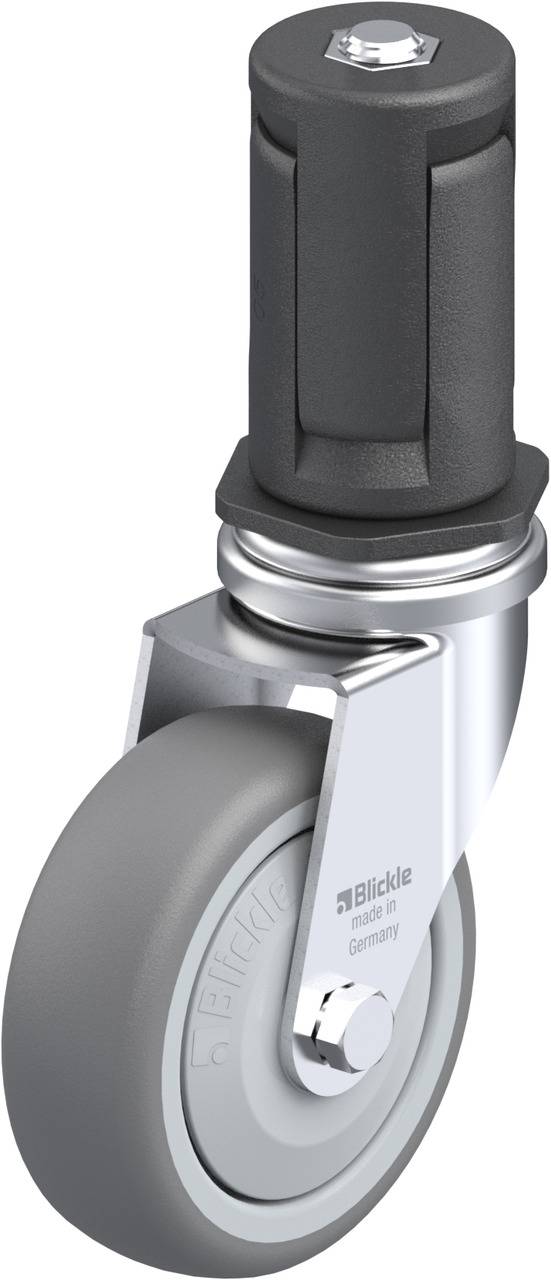 Graues Lenkrolle mit Bremse, gefertigt von Blickle. Rollenlager und Gehäuse aus glänzendem Metall. Geeignet für industrielle Anwendungen.