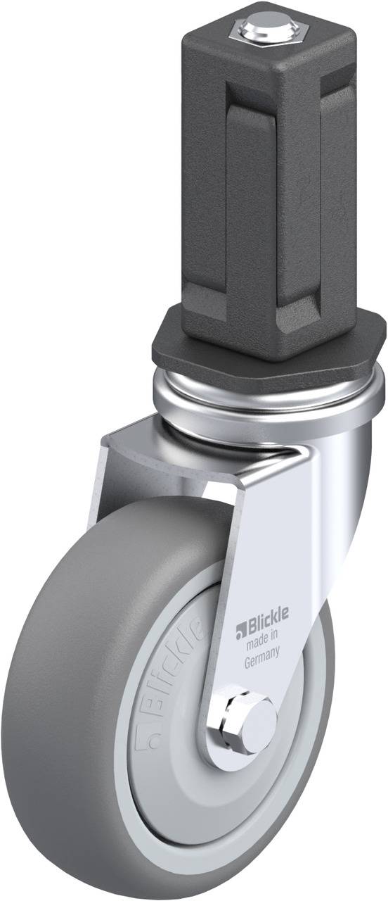 Graue Rolle mit schwarzem Halterungselement; glänzende Metallgabel trägt die Rolle. Markenname 'Blickle' ist seitlich sichtbar.