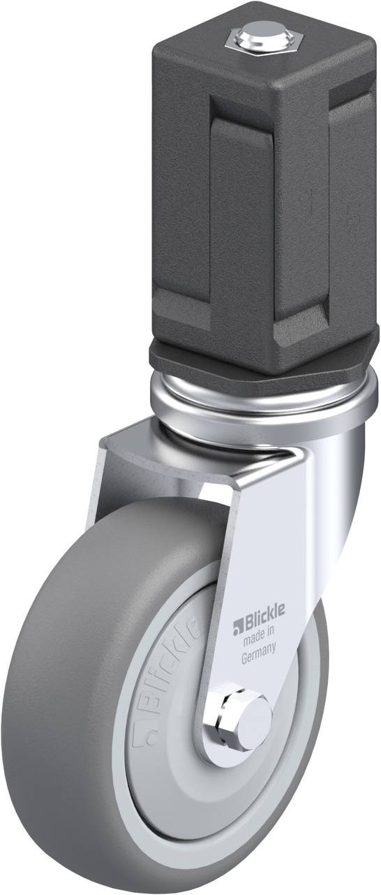 Graues Rad mit silbernem Gehäuse, geeignet für leichte Lasten. Hersteller: Blickle. Technisches Zubehör für Möbel oder Geräte.
