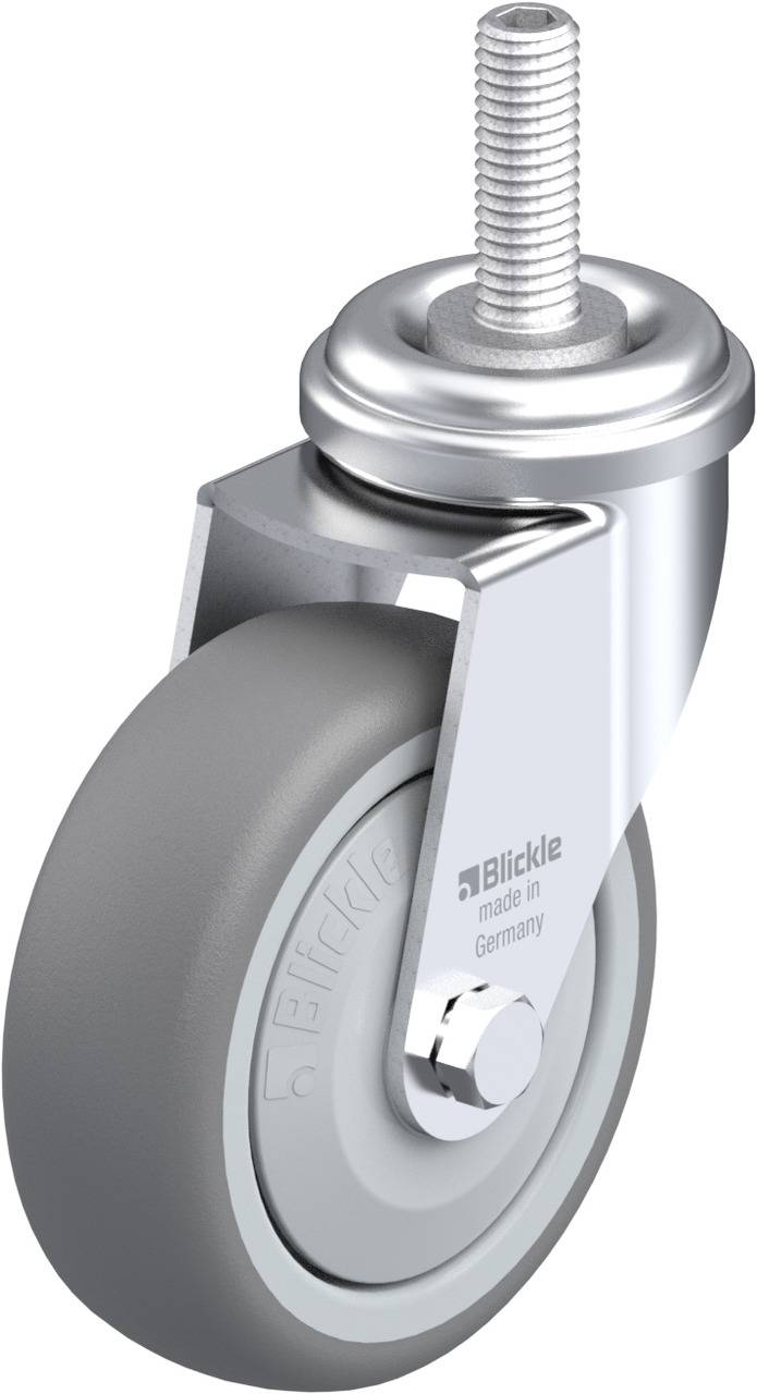 Graue Lenkrolle mit Gewindebolzen, silbernes Gehäuse, Aufschrift 'Blickle made in Germany' auf dem Rad.