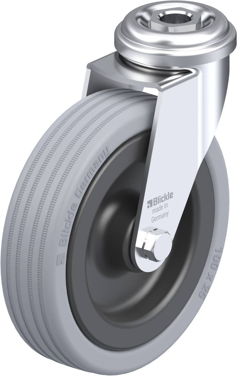 Metallisches Lenk- und Schwenk-Rad mit grauem Reifen, gefertigt von Blickle in Deutschland, geeignet für Transportgeräte.
