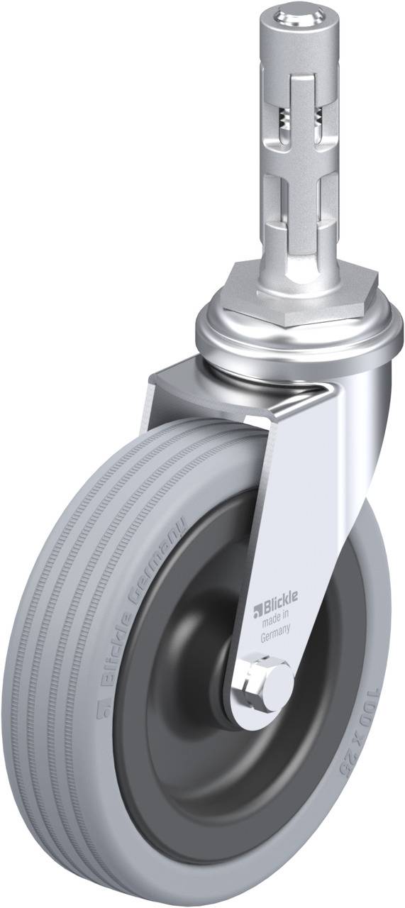 Graue Industrie-Lenkrolle mit Doppelrollen und blankem Metallgehäuse. Gekennzeichnet mit 'Blickle'. Entworfen für schwere Lasten.