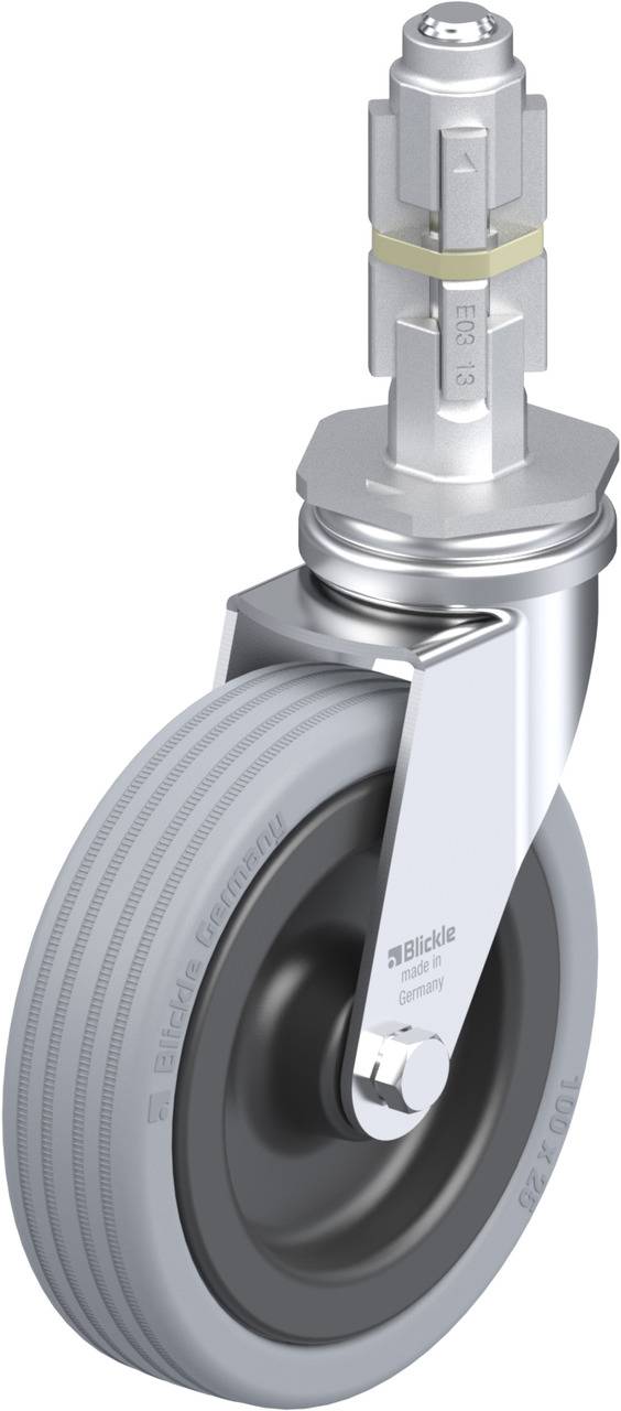 Industrie-Lenkrolle aus Metall mit grauem Gummireifen und Befestigungselement. Geeignet für den Einsatz an Geräten.