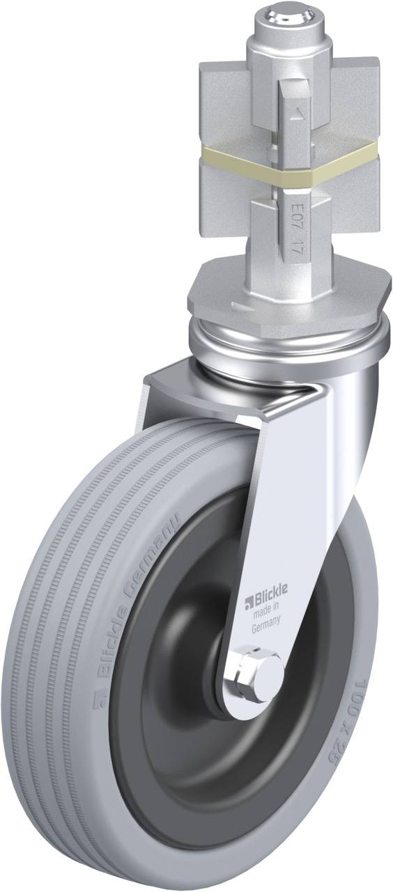 Ein graues, schwenkbares Transportrollenrad mit Metallhalterung und Gummibereifung, geeignet für industrielle Anwendungen.