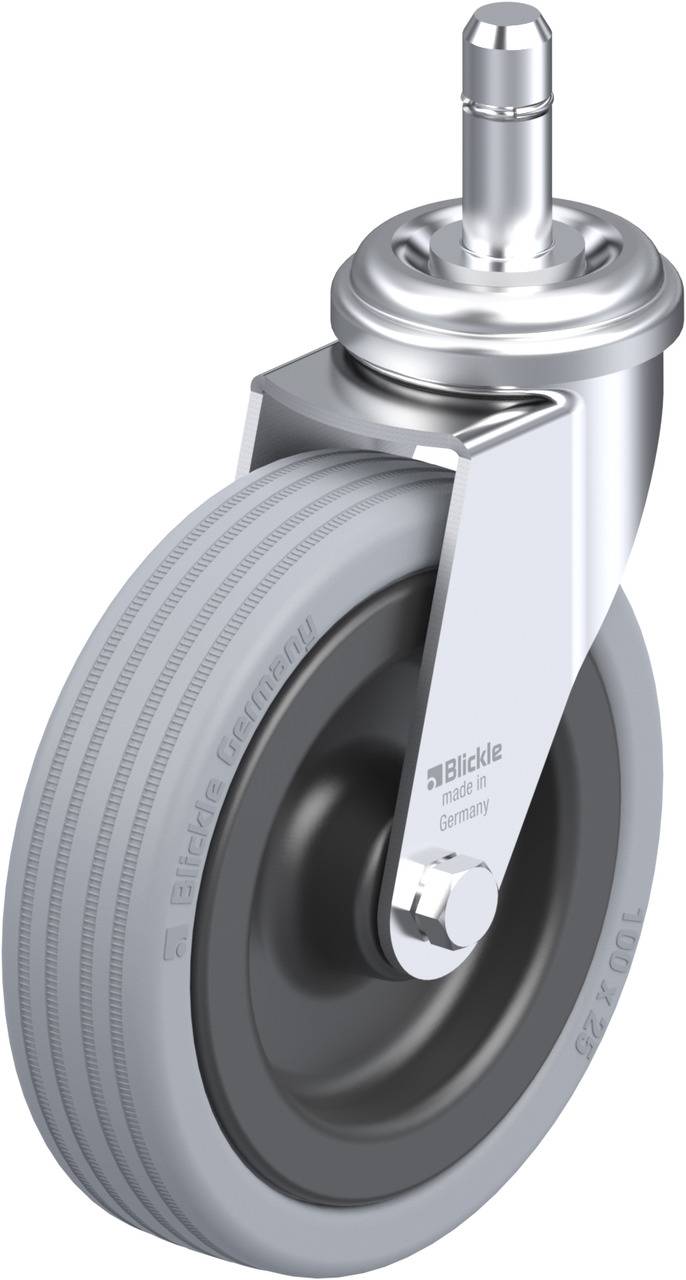 Ein einzelnes drehbares Rad aus Metall und Gummi, mit einem Befestigungsstift oben. Geeignet für bewegliche Möbel oder Gerätesockel.