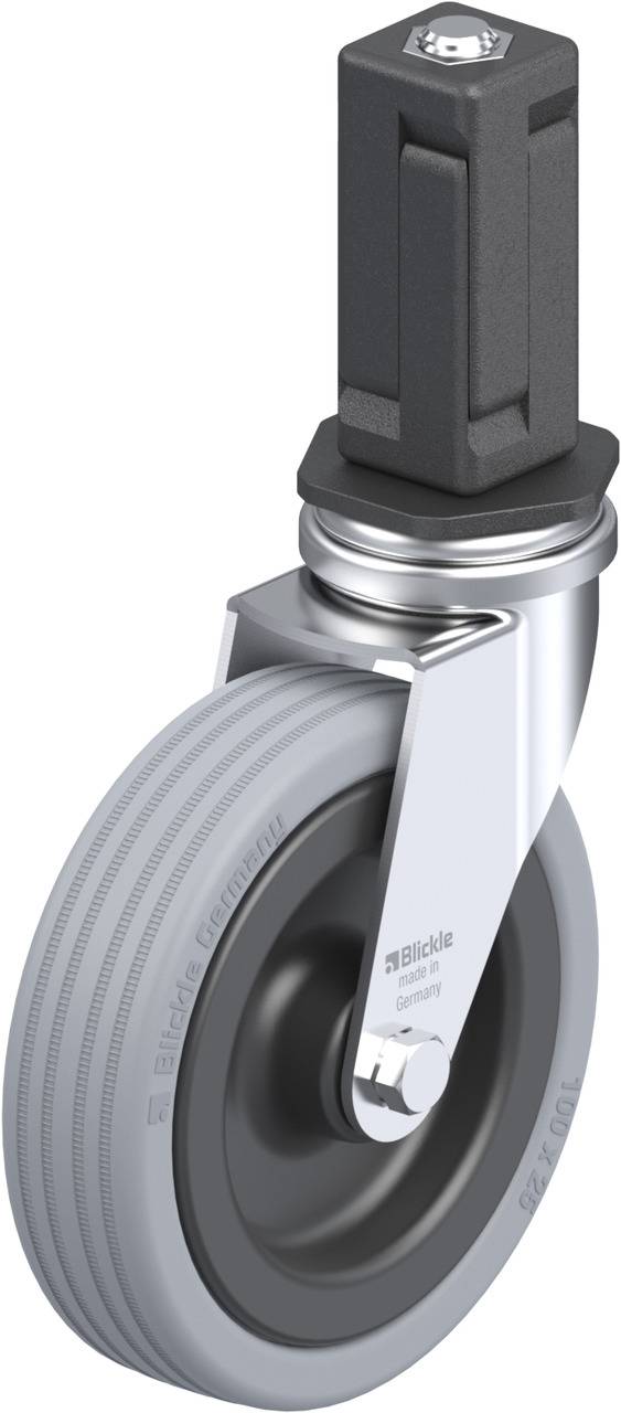 Lenkrolle aus Metall mit grauem doppellagigem Reifen und rechteckigem Befestigungselement, geeignet für industrielle Anwendungen.