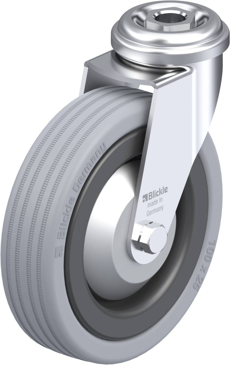 Industrie-Lenkrolle mit grauem Gummireifen und Metallgehäuse. Aufschrift 'Blickle Germany' auf dem Reifen sichtbar.