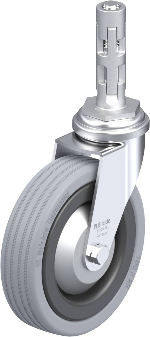 Ein einzelnes graues Rad mit Metallgehäuse, geeignet für Möbel oder Geräte mit Rollenbedarf.