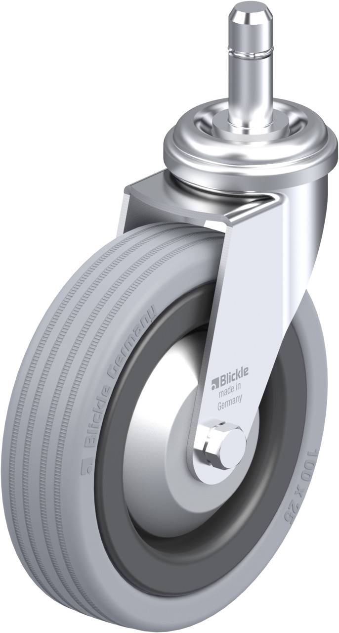Graues Laufrollenrad mit Metallhaltevorrichtung und Befestigungsstift, Markenpräferierung auf dem Rad: Blickle, Made in Germany.