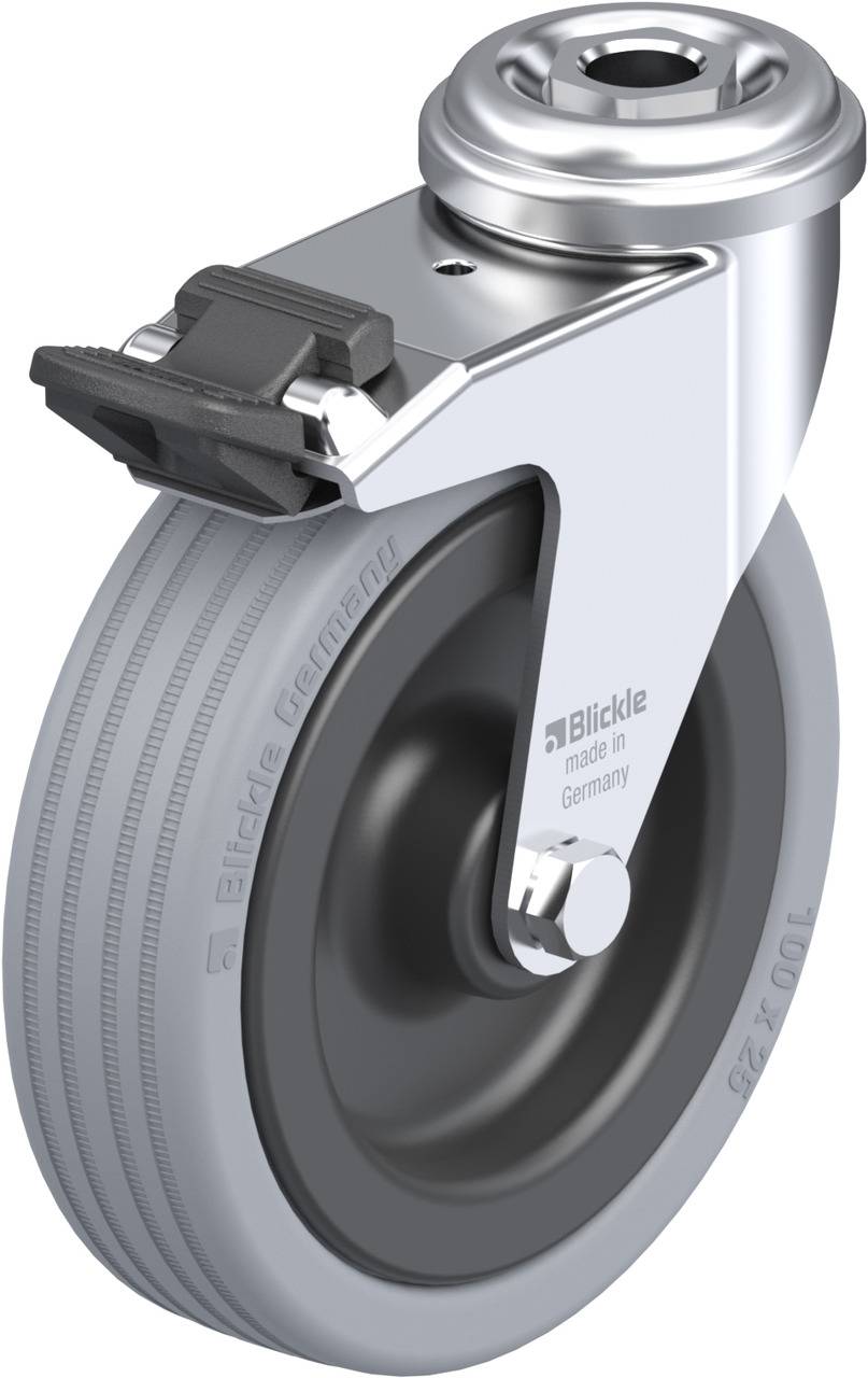 Rollenrad aus Metall und Gummi, markiert mit 'Blickle made in Germany', zeigt Bremse und Kugellager. Geeignet für schwere Lasten.