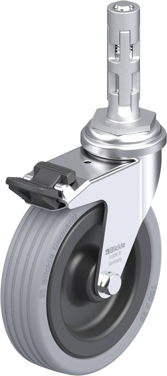 Rad mit grauer Gummilauffläche und silbernem Gehäuse, inklusive Halterung. Oberseite mit Zahnung zur Befestigung.