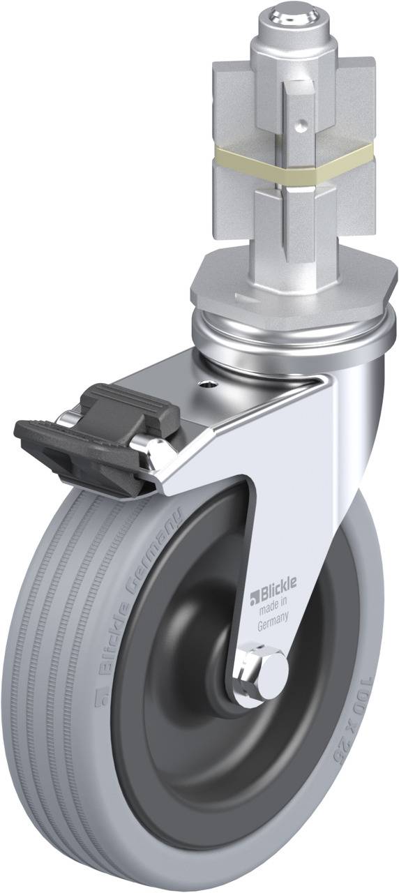 Industrie-Rolle mit grauem Rad, schwarzem Tretanschlag und silbernem Gehäuse, geeignet für schwere Lasten oder Möbel.