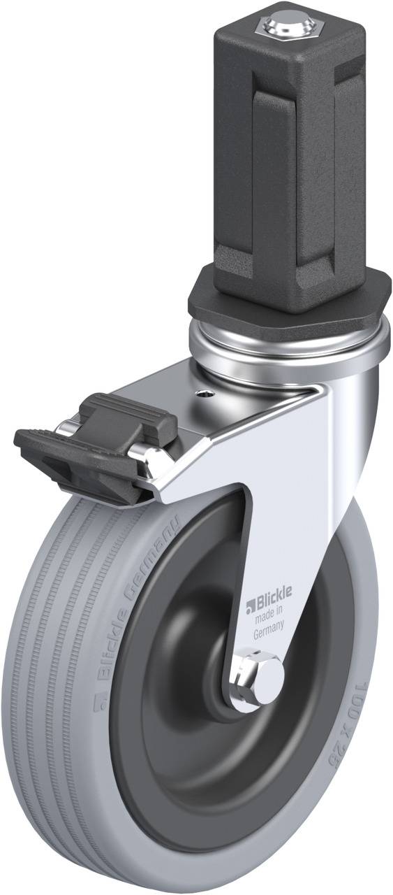 Schwenkrolle mit grauem Gummirad, schwarzem Gehäuse und Metallelementen, geeignet für Möbel oder industrielle Anwendungen.
