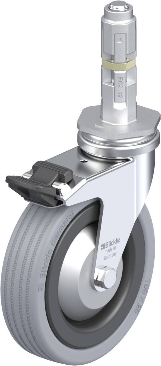 Schwenkrolle mit Bremse und Metallgehäuse; silberne Gabel; Gummikappe auf der Halterung; geeignet für Möbel- oder Industriewägelchen.