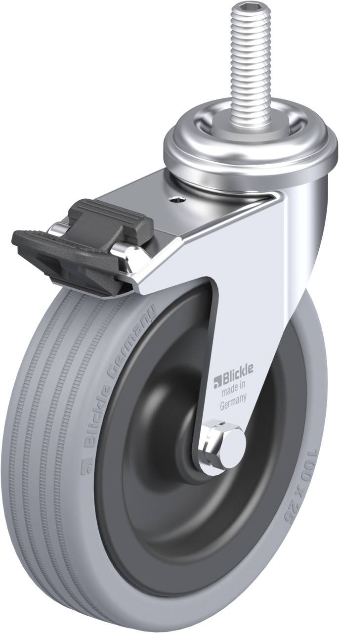 Metallisches Lenkrollensystem mit grauer Gummirad-Lauffläche, angebrachtem Feststeller und Gewindestift zur Befestigung.