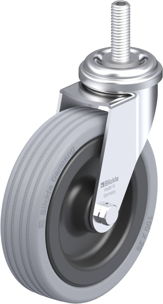 Rolle mit grauem runden Rad und silberner Metallhalterung. Oben ragt eine Schraube heraus. Auf dem Rad stehen 'Blickle Germany'.