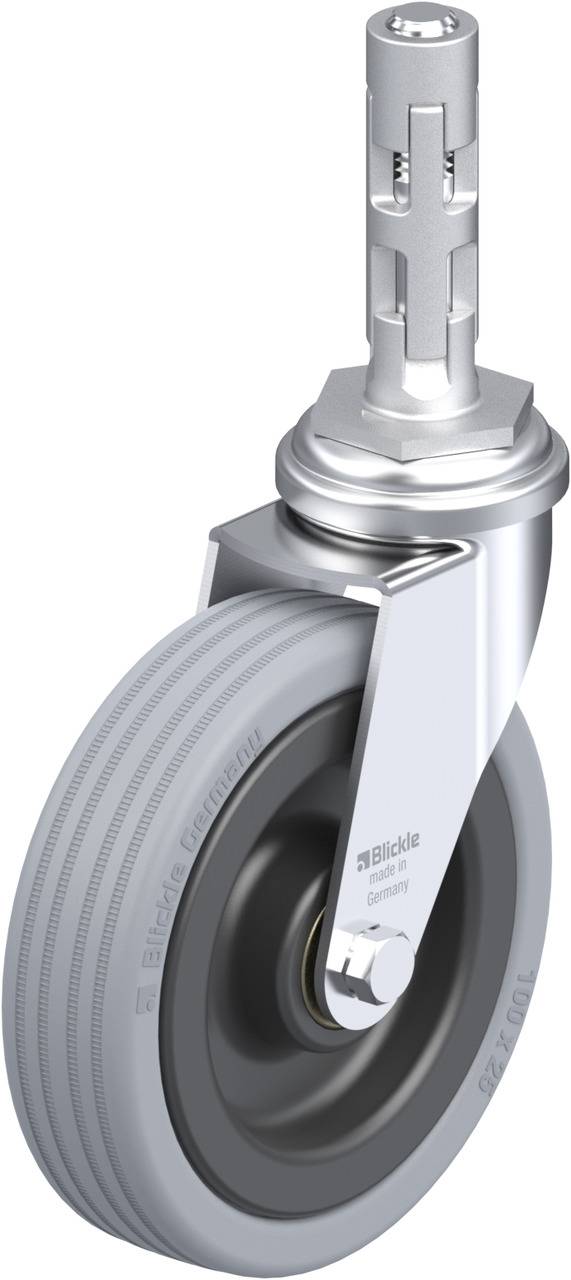 Ein drehbares Industrierad mit grauer Gummibereifung, Metallgehäuse und Befestigungsstift, geeignet für den Einsatz an Transportwagen.