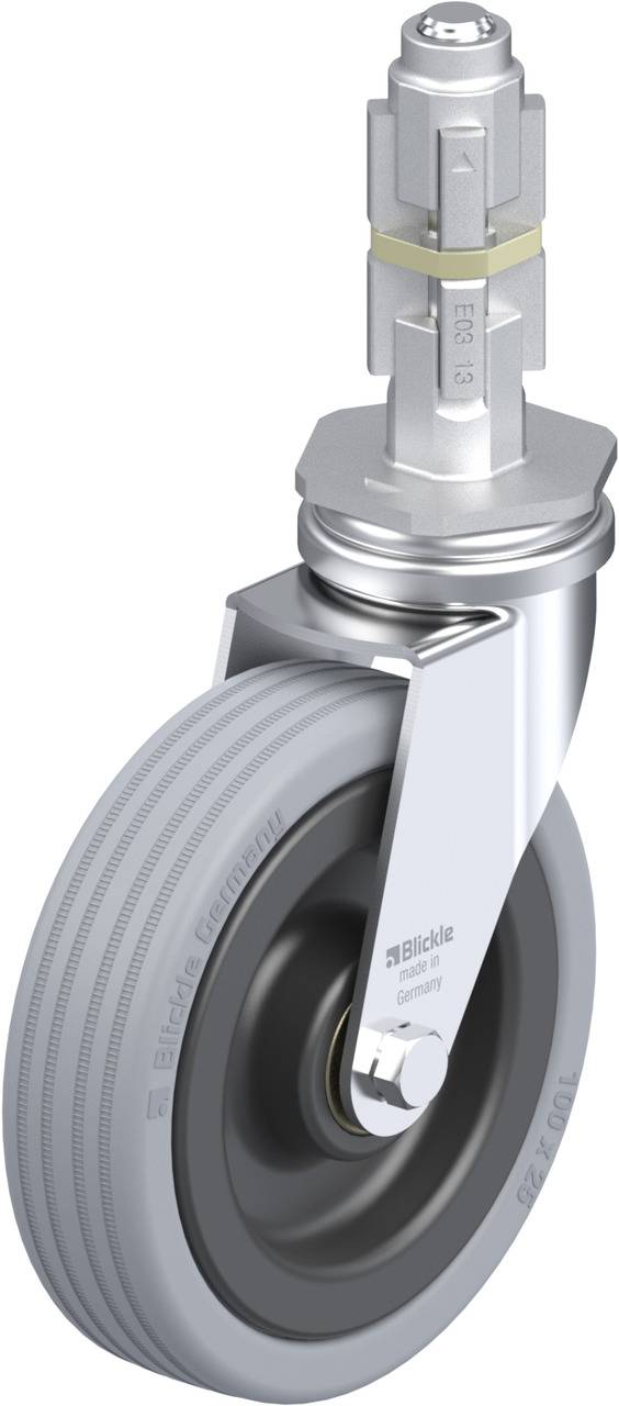 Rolle mit Metallhalterung, grauem Gummirad und festem Schaft, geeignet für industrielle Anwendungen.