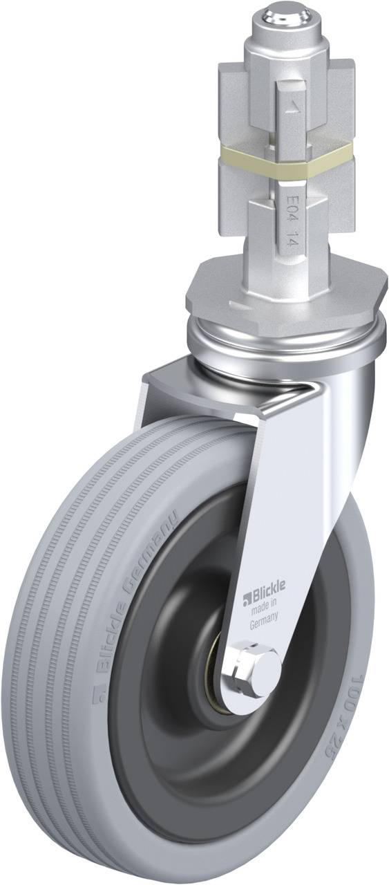 Industrielle Lenkrolle aus Metall mit grauem Gummirad, geeignet für schwere Lasten. Oben ein Befestigungsmechanismus zur Montage.