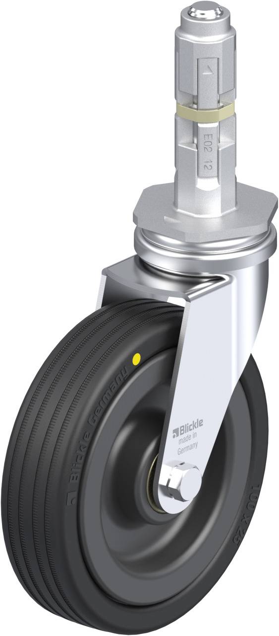 Lenkrolle mit Metallgehäuse und schwarzem Rad, geeignet für industrielle Anwendungen. Markierungen und Produktdetails sind sichtbar.