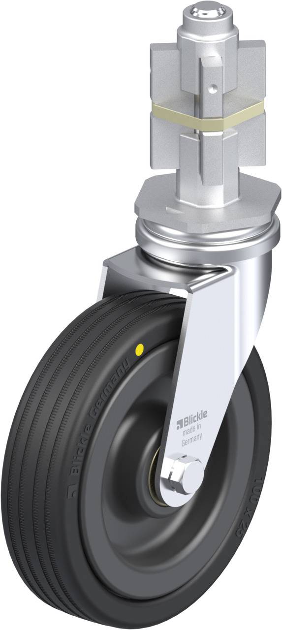 Industrielles Schwenkrolle mit robustem Metallgehäuse und schwarzem Rad, geeignet für schwere Lasten. Hergestellt von Blickle in Deutschland.
