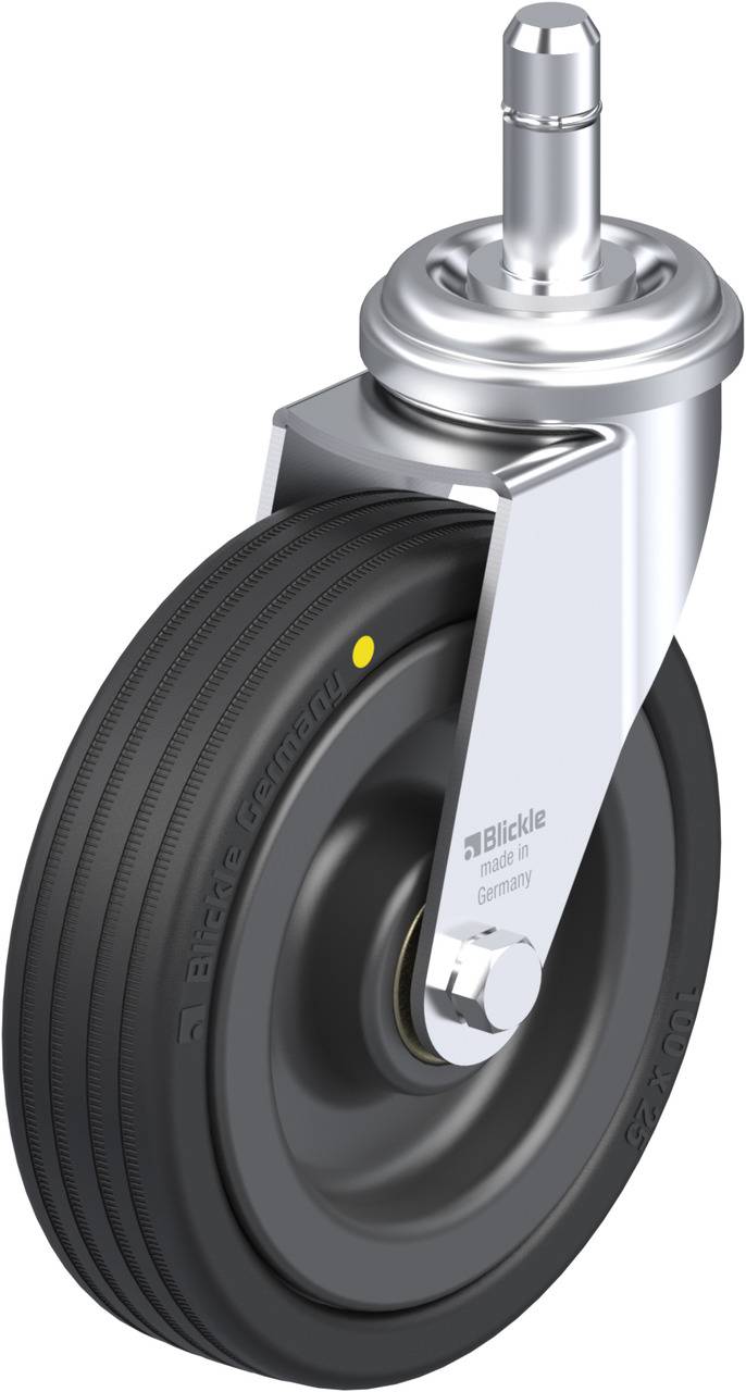 Drehbares Transport-Rad aus Metall und Gummi mit Befestigungsstift. Geeignet für mobile Geräte in der Industrie.