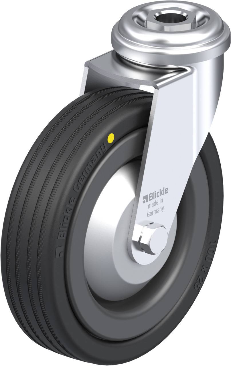 Metallische Lenkrolle mit schwarzem Rad und silbernem Gehäuse, Markenname 'Blickle' auf der Reifenoberfläche eingeprägt.