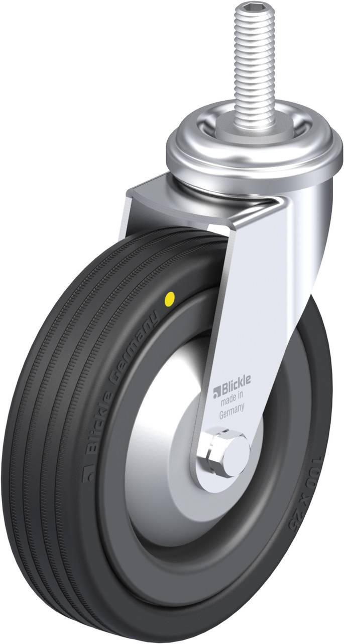 Schwenkrolle mit schwarzem Rad und grauem Gehäuse, geeignet für Möbel oder Geräte, Metallgestell mit Befestigungsstift oben.