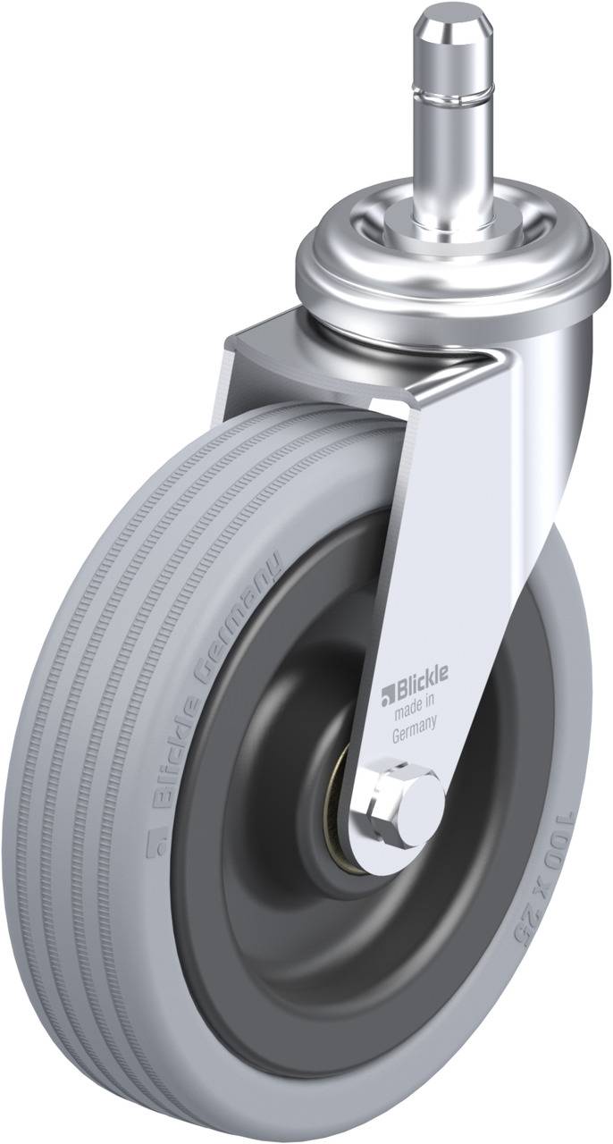 Ein graues Schwerlast-Lenkrolle mit Kugellager und festem Stiel. Geeignet für industrielle Anwendungen.