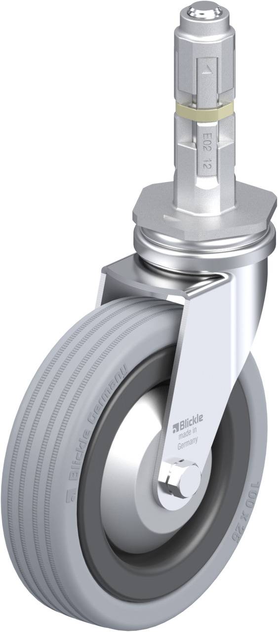 Industrie-Lenkrolle mit grauem Gummi, silbernem Metallgehäuse und festem Bolzen, geeignet für schwere Lasten oder industrielle Anwendungen.