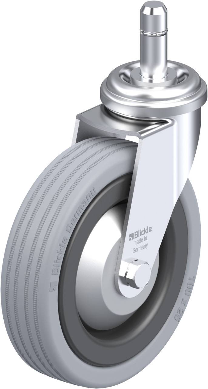 Industrie-Rad mit grauem Reifen, silbernem Metallgehäuse und Drehgelenk für verschiedenste Transportgeräte.