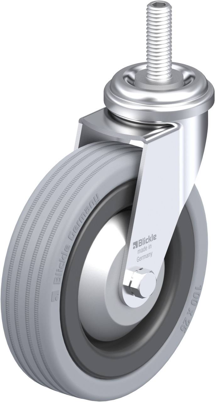 Industrie-Lenkrolle aus Metall mit grauem Reifen und Gewindestift, geeignet für schwere Lasten und industrielle Anwendungen.