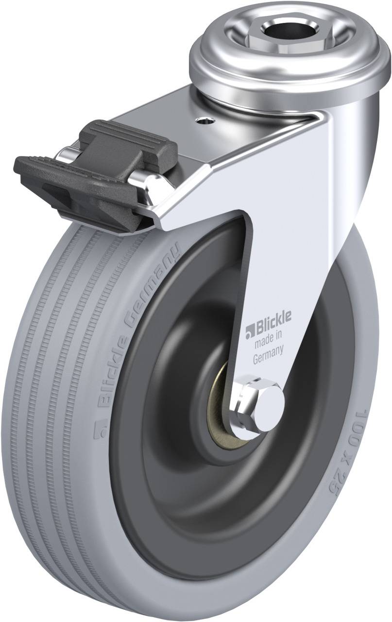 Industrie-Rolle mit Bremse, grauer Gummiradbelag und silbernem Metallgehäuse. Herstellername 'Blickle' auf Rad.