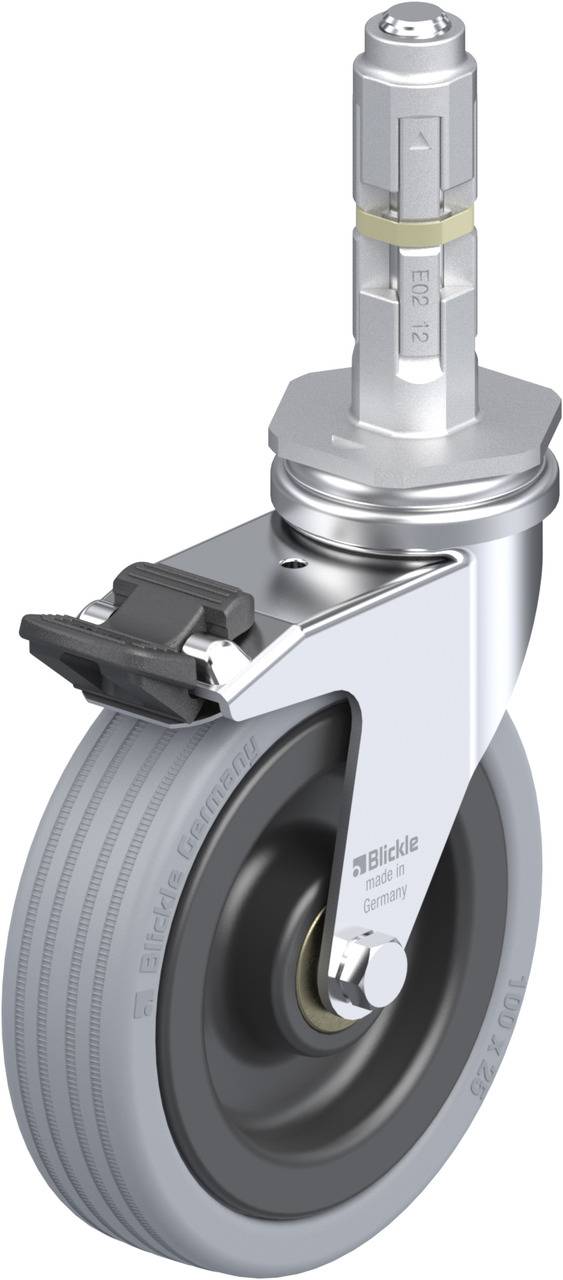 Schwenkrolle mit Bremse und grauem Gummireifen, geeignet für Industrieanwendungen. Stabiles Metallgehäuse für robustes Befestigen.