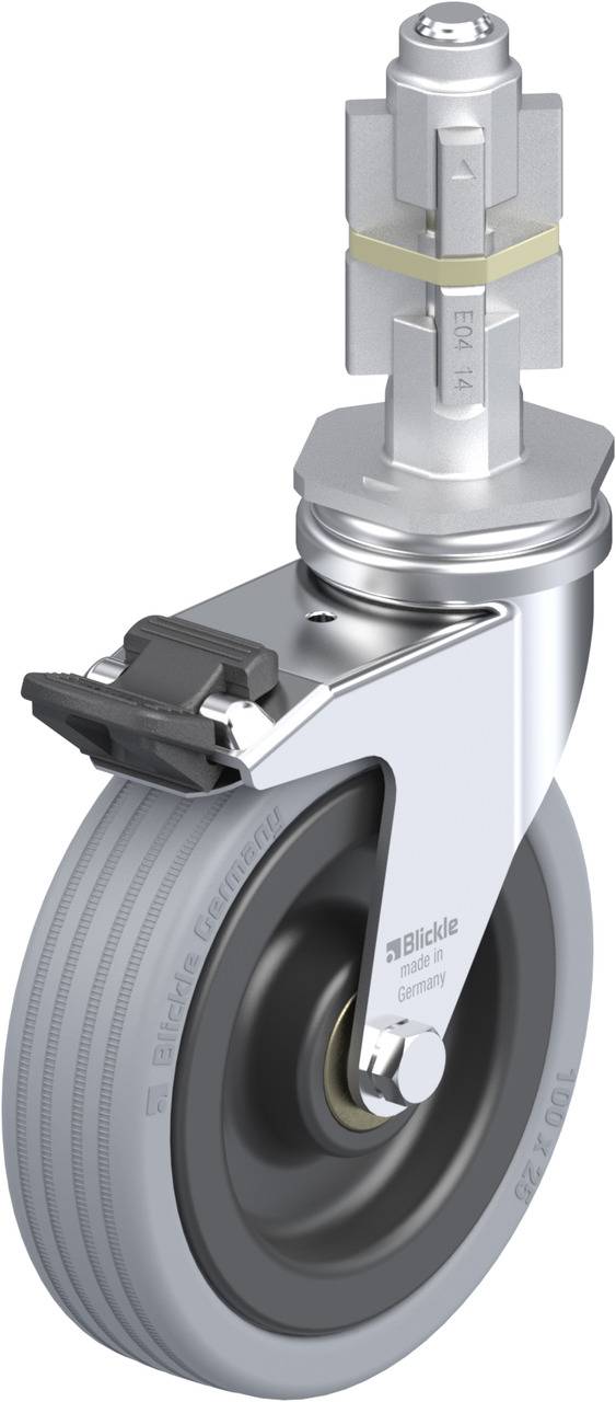 Metallisches Schwerlast-Lenkrolle mit grauem Gummirad und Bremse. Geeignet für industrielle Anwendungen und hohen Belastungen.