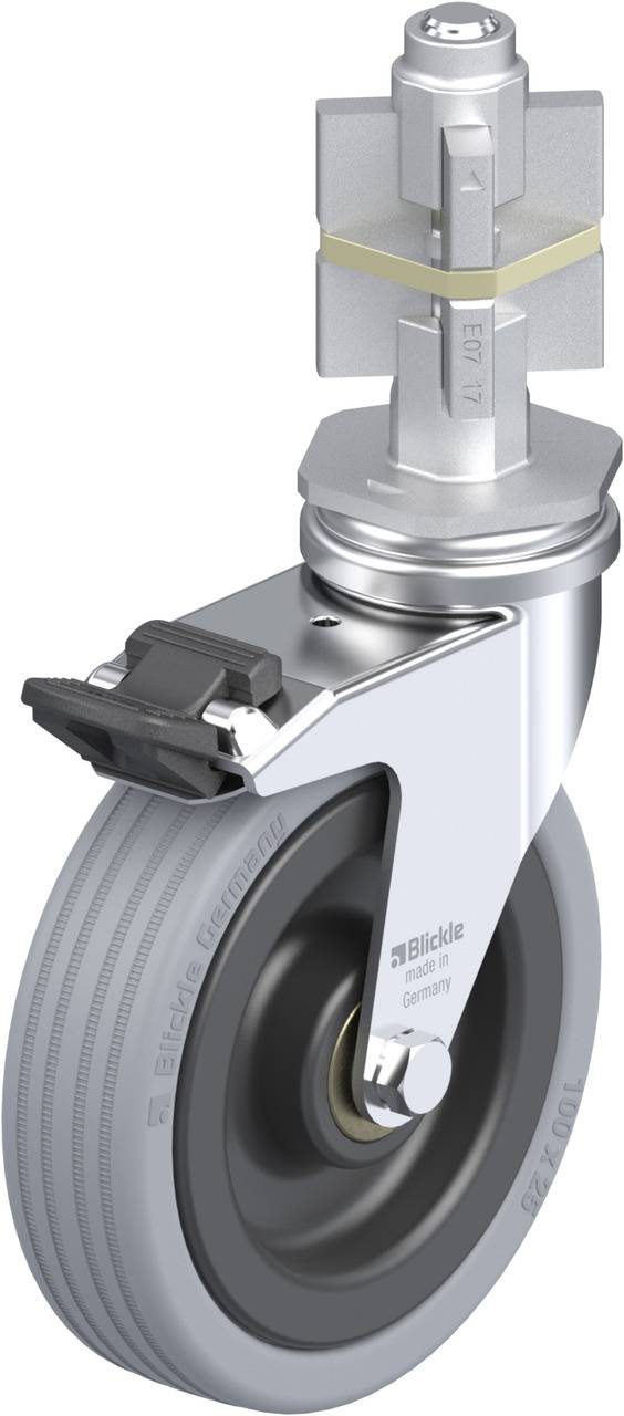 Lenkrolle mit Bremse, silberner Stützrahmen, grauer Reifen, geeignet für schwere Lasten. Ideal für Industrieanwendungen.