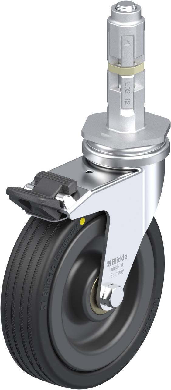 Schwenkrolle mit Bremse und Gummirad, geeignet für vielseitige Anwendungen. Robuste Metallhalterung und geriffeltes Design für Stabilität.
