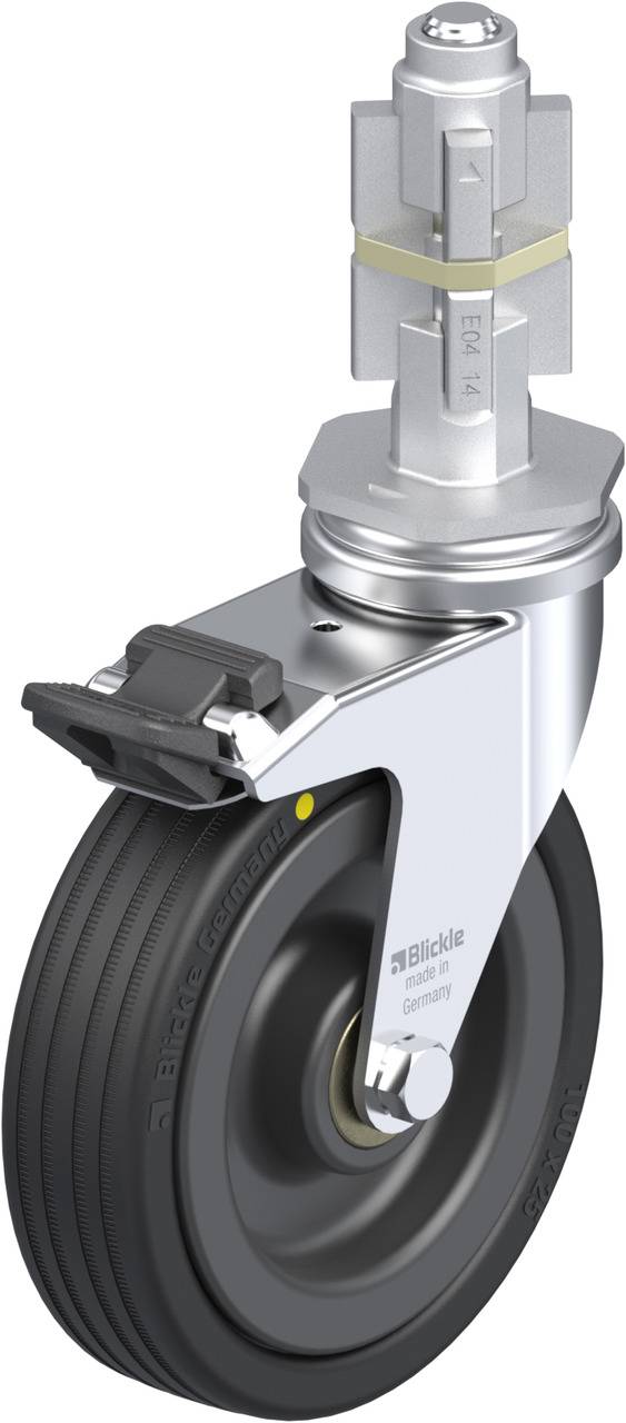 Schwenkrolle mit schwarzem Rad und grauer Halterung, inklusive Feststellbremse. Geeignet für den Einsatz in Transport- oder Industriemaschinen.