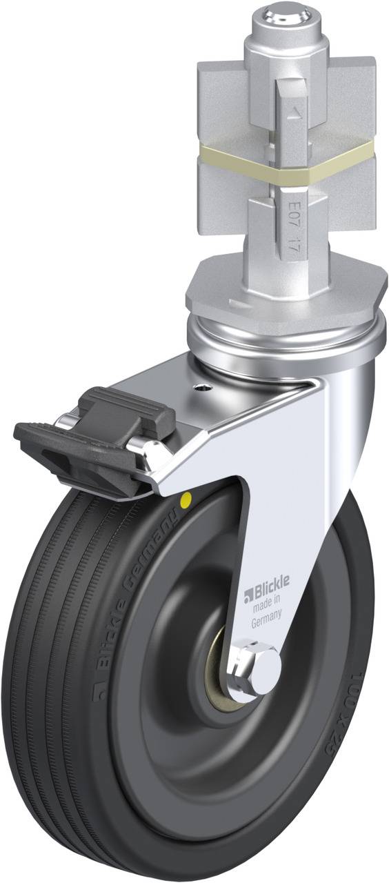 Industrie-Lenkrolle aus Metall mit schwarzem Gummireifen und Feststellbremse. Markierung zeigt 'Blickle'. Design für schwere Lasten.